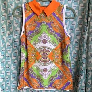 Allen B. Sleeveless top with collar.